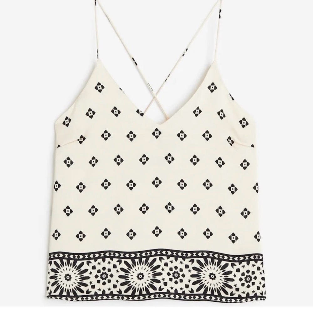 H&M Cami Top‎ Cream Black Geometric Medallion Print V-Neck Cross Back L